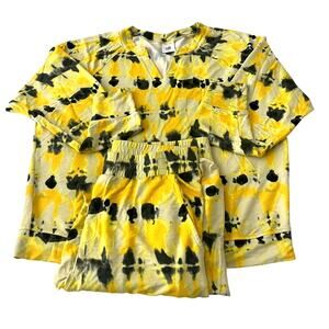 CABI 2-PC PAJAMA SET-LOUNGER, LONG SLV, WOMENS, TOP-L, BOTTOMS-M, YELLOW/DK GREY